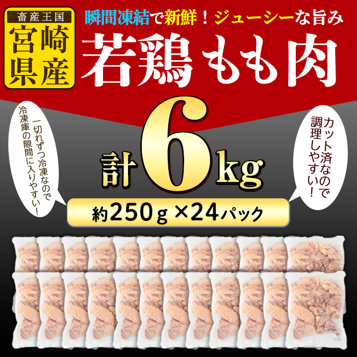 ＜先行予約受付中！2025年10月中に発送予定＞鶏肉 もも肉 小分け 個別凍結(計6kg・250g×24P) お肉 鳥肉 とり肉 切身 カット済 個別凍結 IQFカット 国産 宮崎県産 唐揚げ から揚げ からあげ 冷凍 便利 【NK-07】【南九フーズ】
