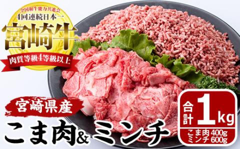 宮崎牛 こま肉 ミンチ セット(計1kg・こま肉400g、ミンチ600g)牛肉 お肉 こま切れ ひき肉 黒毛和牛 ブランド和牛 詰め合わせ 詰合せ 国産 冷凍【MF-9】【エムファーム】