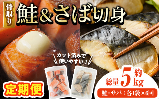 【定期便・全6回(連続)】骨取り さば切身と鮭カットのセット(総量約5kg) 鮭 小分け 冷凍 サーモン シャケ サケ サバ 鯖 骨なし 骨取り セット 魚 魚介 【AW-106】【丸正水産】