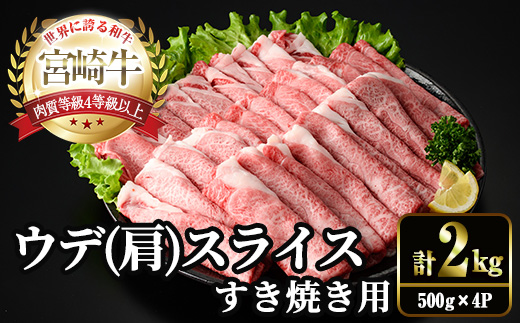 宮崎牛 肩(ウデ) スライス (計2kg・500g×4P) すき焼き お肉 牛肉 黒毛和牛 宮崎牛 ブランド和牛 冷凍 国産 肩 ウデ スライス 宮崎県産 しゃぶしゃぶ 【YM-16】【YAMATO株式会社】
