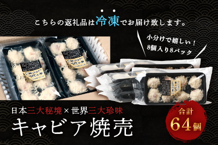 【日本三大秘境×世界三大珍味】平家キャビアが焼売に！！キャビア焼売 8個入り×8パック 合計64個［宮崎 椎葉 国産 ちょうざめ チョウザメ しゅうまい シュウマイ 焼売 きゃびあ キャビア クリーミー ギフト 記念日 誕生日 お酒 魚介 珍味 加工品 冷凍 高級 贅沢 お取り寄せ お取り寄せグルメ ディナー パーティー おつまみ グルメ ギフト お祝い 贈り物 贈答 桐箱 希少］【SZ-134】