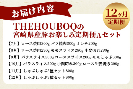 宮崎県産 THE HOUBOQ 豚肉 12ヶ月定期便 Aセット［宮崎県 椎葉村 国産 国産 国産豚 ぶた 豚 ポーク 豚肉 バラ 小間切れ ミンチ ロース スライス カツ モモ しゃぶしゃぶ セット やきにく 焼肉 バーベキュー BBQ 冷凍 料理 日本三大秘境 ］【 HB-129】