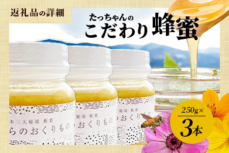 【無添加 非加熱】標高800m たっちゃんのこだわり蜂蜜【250g×3本】送料無料 宮崎県 椎葉村 秘境 蜂蜜 はちみつ ハチミツ みつばち ミツバチ 伝統的 養蜂 国産 天然 百花蜜 巣箱 数量限定 季節 希少 防災 備蓄 250g 500g 750g【TN-03】