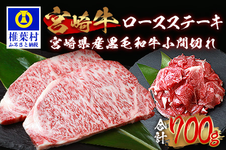 受賞歴多数!! 宮崎牛 ロースステーキ「250g×2」焼肉＆宮崎県産黒毛和牛小間切れ「100g×2」【合計700g】送料無料 宮崎県 椎葉村 秘境 国産 宮崎県産 ブランド牛 牛肉 牛 和牛 肉 ロース ステーキ 小間切れ すき焼き牛丼 焼き肉 BBQ うまい 美味しい おすすめ おかず 多用途 ギフト 贈り物 プレゼント 祝い パーティー 誕生日 記念日 お土産 お中元 お歳暮 【MT-69】