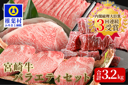 受賞歴多数!! ≪宮崎牛≫ お楽しみバラエティセット【合計3.2kg】【ステーキ・焼肉・すき焼き・しゃぶしゃぶ 】送料無料 宮崎県 椎葉村 秘境 国産 宮崎県産 ブランド牛 牛肉 牛 和牛 肉 ロース ヒレ 肩ロース モモ うで ばら スネ 牛丼 うまい 美味しい おすすめ おかず 多用途 ギフト 贈り物 プレゼント 祝い パーティー 誕生日 記念日 お土産 敬老 お中元 お歳暮【MT-60】