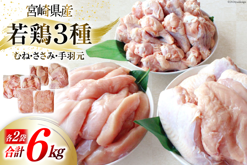 鶏肉 詰め合わせ 宮崎県産 若鶏 むね肉 ささみ 手羽元 セット 各1kg 2p 計6kg [九州児湯フーズ 宮崎県 美郷町 31ai0022] 小分け むね 鶏むね肉 鶏むね 手羽 ササミ 冷凍 真空パック