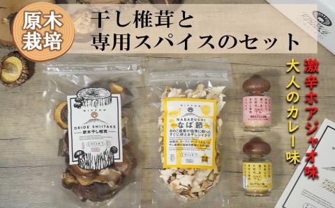 宮崎県産 干し椎茸 40g なば節 20g きのこ専用スパイス 15g×2本 [ HUTTE 宮崎県 美郷町 31ao0017] カレー 味 激辛  ホアジャオ 乾燥椎茸 出汁 オーガニック 原木栽培 有機JAS認証 料理 調理 常温 渡川 アヒージョ 煮物 煮付け おかず おこわ 鍋 みそ汁