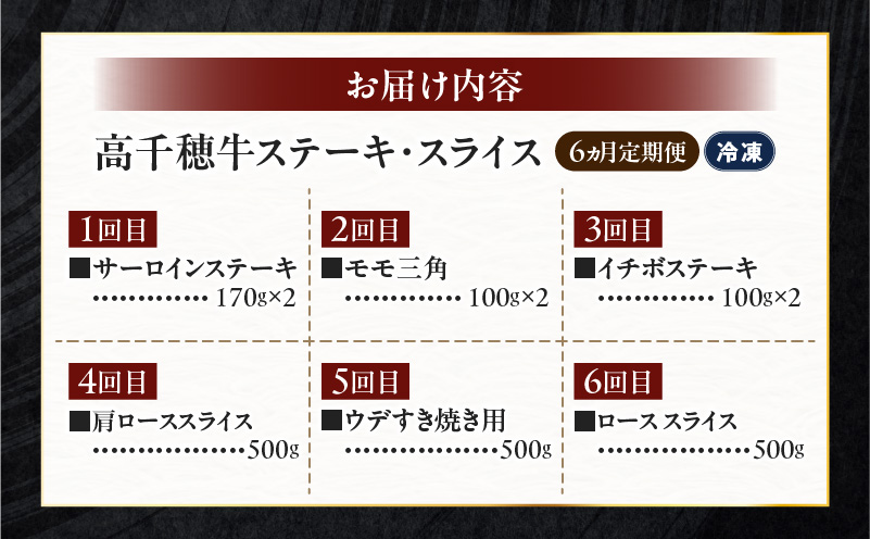 宮崎県産黒毛和牛A4等級以上 高千穂牛ステーキ・スライス定期便（6ヶ月定期便）| 牛肉 肉 お肉 精肉 セット 詰め合わせ 定期 6回 ブランド牛 国産牛 黒毛和牛 和牛 サーロイン ステーキ モモ イチボ 肩ロース スライス ウデ すき焼き しゃぶしゃぶ ロース 贈答 贈り物 BBQ グランピング パーティー クリスマス プレゼント |_Tk002-t082