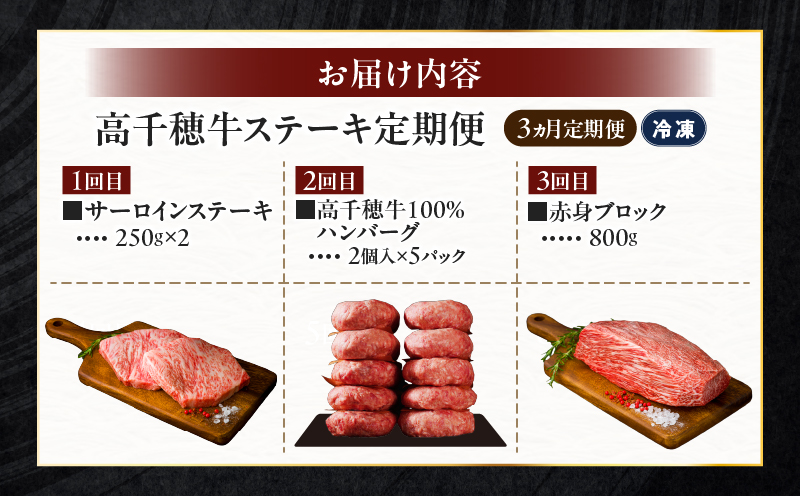 【3か月定期便】 高千穂牛ステーキ定期便| 牛肉 肉 お肉 サーロイン ステーキ 赤身 定期便 定期 国産牛 ブランド牛 和牛 ハンバーグ 国産 贈答 贈り物 簡単調理 おかず 普段使い |_Tk002-t083