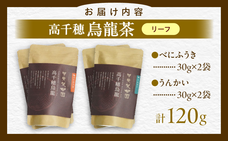 【国産烏龍茶】高千穂烏龍（リーフ）2種4袋セット べにふうき30g×2袋＆うんかい30g×2袋 国産 烏龍茶 お茶 べにふうき うんかい 茶葉 飲み物 ティータイム フルーティーな香り セット 宮崎県 高千穂町_Tk025-006