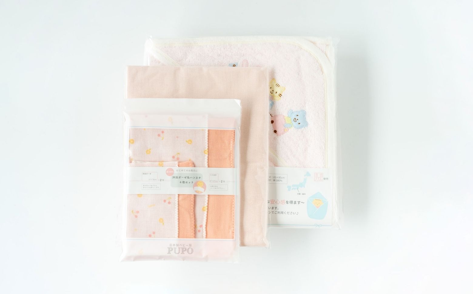 赤ちゃんのためのお風呂6点セット［シェルピンク］| おくるみ フード付き ガーゼタオル 沐浴ガーゼ ハンカチ タオル バスタオル ガーゼセット ベビータオル お風呂 沐浴 お風呂セット ベビーグッズ ベビー用品 赤ちゃん ベビー 国産 |_Tk032-024