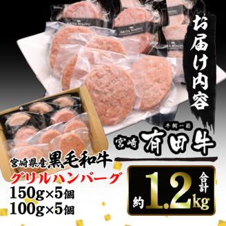 宮崎黒毛和牛100％グリルハンバーグ10個セット(150g×5個・100g×5個)国産 宮崎県産 黒毛和牛 ハンバーグ 炒めもの【AR003】【(有)有田牧畜産業 食肉加工センター】