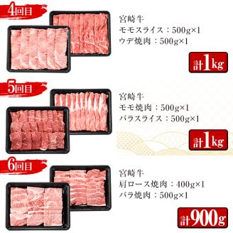 ＜先行予約受付中！2026年1月から発送開始予定＞＜定期便・6回(連続)＞宮崎牛・定期便B(6ヶ月)国産 宮崎県産 宮崎牛 牛肉 ステーキ 焼肉 A4 肩ロース ウデ ロース ヒレ【MI003】【(株)ミヤチク宮崎加工センター】