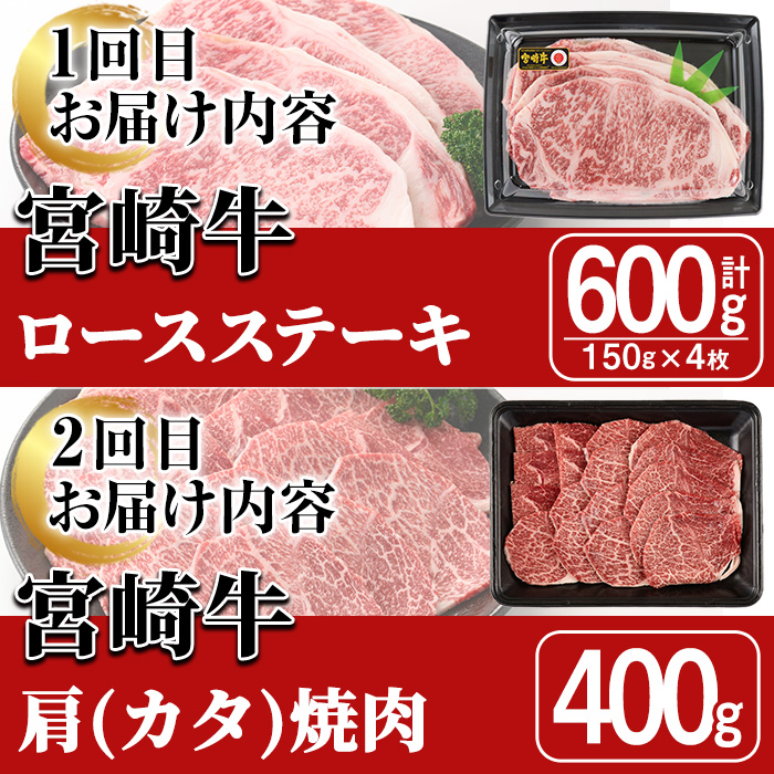 ＜全6回・定期便＞宮崎牛定期便(ロースステーキ・600g、肩焼肉・400g、ももバラすき焼き・600g、ワンポンドステーキ・454g、ロースステーキ・600g、肩ロースすき焼き・400g)A4 A5 国産 牛肉 宮崎県産 黒毛和牛 【SJ011】【日本ハムマーケティング株式会社】
