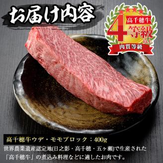 高千穂牛 ウデ・モモブロック(400g) 国産 宮崎県産 宮崎牛 牛肉 煮込み料理 肉厚 焼肉 霜降り A4 和牛 ブランド牛 【MT007】【JAみやざき 高千穂牛ミートセンター】