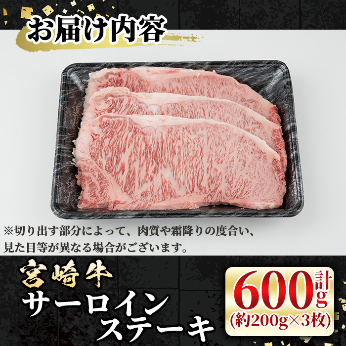 宮崎牛 サーロインステーキ(計600g・約200g×3枚)  牛肉 肉 ブランド牛  冷凍 国産 精肉 お取り寄せ 黒毛和牛 宮崎県 【LJ002】【ローカルブランディング株式会社】