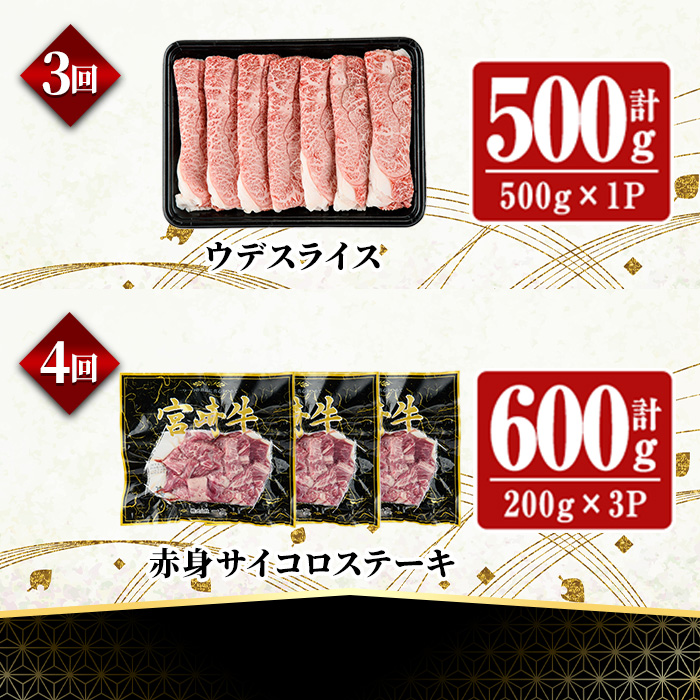 【定期便・全4回(連続)】宮崎牛 お楽しみ 定期便 (全4回) すき焼き お肉 牛肉 黒毛和牛 宮崎牛 ブランド和牛 冷凍 国産 肩 ウデ モモ 赤身 サイコロステーキ スライス 宮崎県産 しゃぶしゃぶ 【YA017】【YAMATO株式会社】