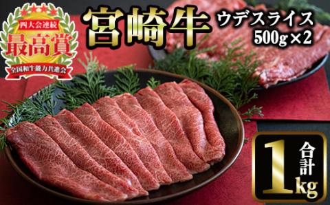 ＜先行予約受付中！2026年1月以降順次発送予定＞宮崎牛 ウデスライス(計1kg・500g×2) 国産 宮崎県産 宮崎牛 牛肉 すき焼き A4 和牛 ブランド牛 ウデ肉 【MI018】【(株)ミヤチク宮崎加工センター】