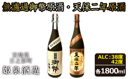 無濾過御幣原酒 化粧箱 38度 (1,800ml)と天保二年原酒 化粧箱 42度 (1,800ml) のセット酒 焼酎 いも焼酎 むぎ焼酎 さつまいも 麦【HM020】【姫泉酒造合資会社】