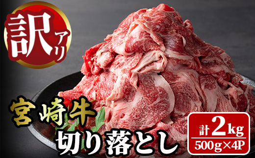＜訳あり＞宮崎牛 切り落とし(計2kg・500g×4P) 牛肉 肉 ブランド牛  冷凍 国産 精肉 お取り寄せ 黒毛和牛 宮崎県 【LJ006】【ローカルブランディング株式会社】