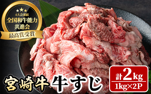 宮崎牛 牛すじ(計2kg・1kg×2P) 希少部位 BBQ 牛肉 肉 ブランド牛  冷凍 国産 精肉 お取り寄せ 黒毛和牛 宮崎県 【LJ017】【ローカルブランディング株式会社】