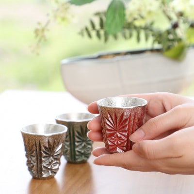 薩摩錫器　切子ぐい呑(赤)