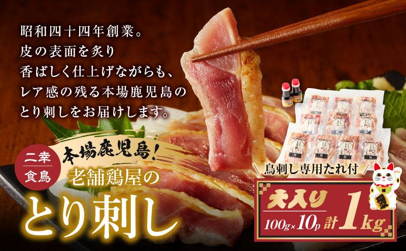二幸食鳥 本場鹿児島 老舗鶏屋のとり刺し 小分けパック大入り（1kg）セット 鳥刺し専用たれ付　K243-001_01