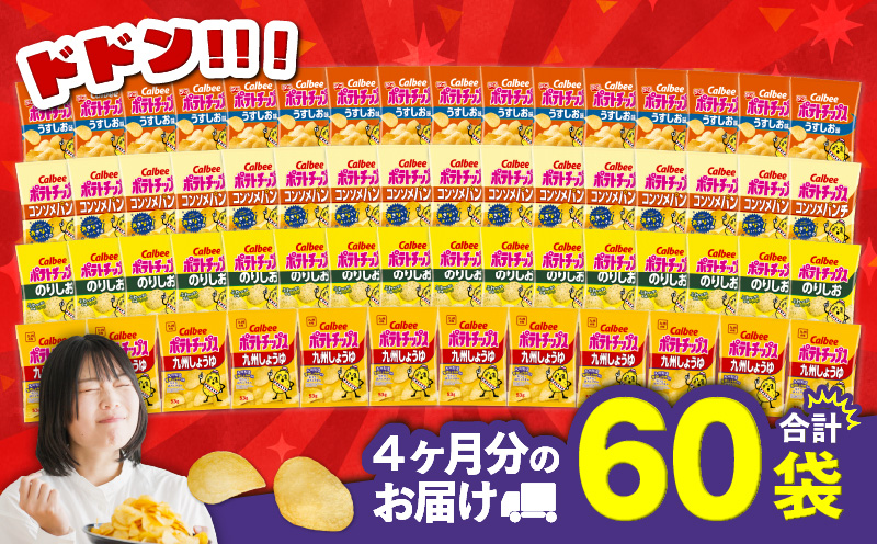 【4ヶ月定期便】カルビー ポテトチップス 食べ比べ4種【うすしお、コンソメパンチ、のりしお、九州しょうゆ】　K194-T01