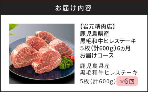 鹿児島市 【岩元精肉店】鹿児島県産黒毛和牛ヒレステーキ5枚（600g）6ヵ月お届けコース　K045-T05