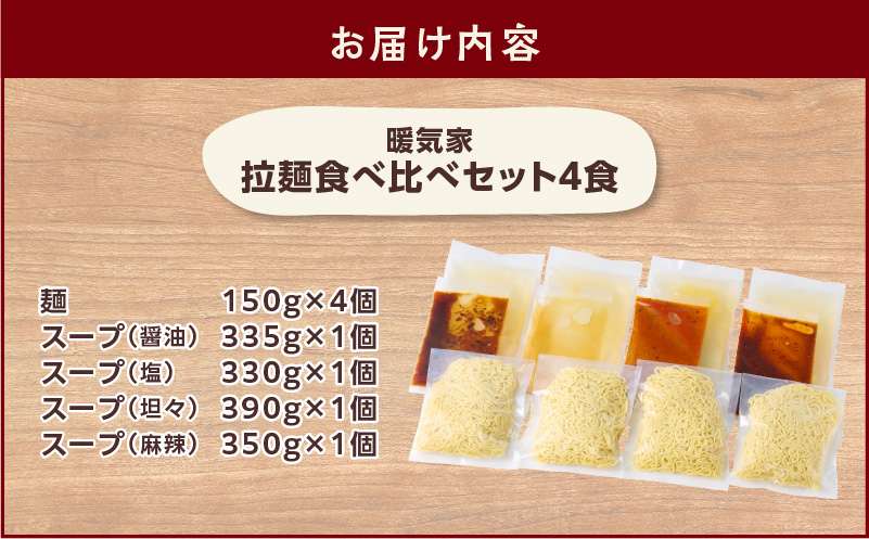 暖気家 拉麺食べ比べセット 4食（醤油、塩、坦々、麻辣 各1食）　K036-019