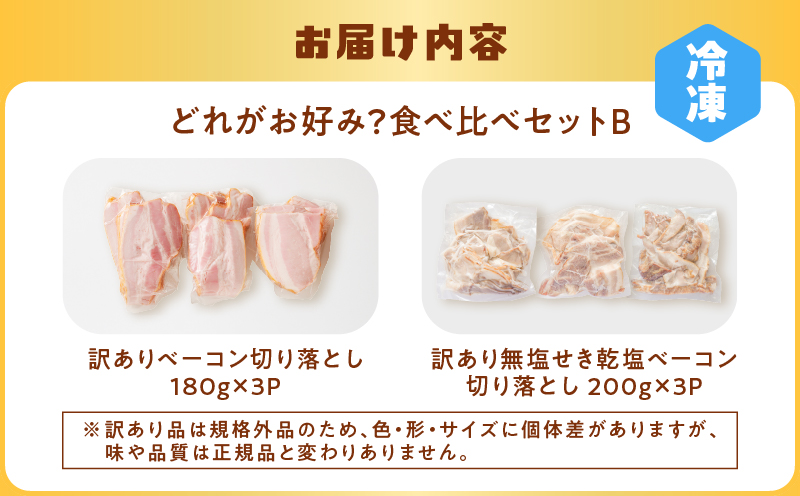 どれがお好み？食べ比べセットB（訳あり切り落としベーコン・訳あり無塩せき乾塩ベーコン切り落とし）　K161-026b