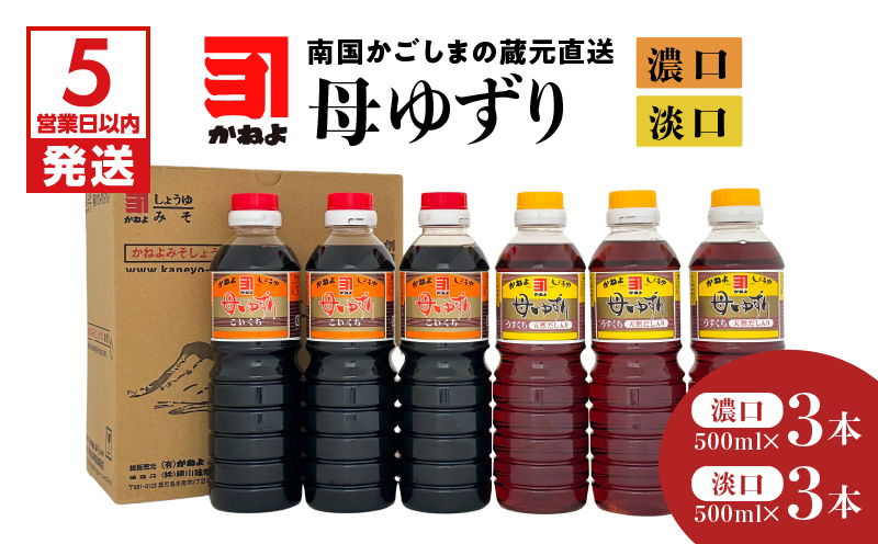 【5営業日以内に発送】「かねよみそしょうゆ」南国かごしまの蔵元直送 母ゆずり濃口・淡口 500ml×6本セット　K058-007_03