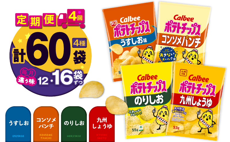 【4ヶ月定期便】カルビー ポテトチップス 食べ比べ4種【うすしお、コンソメパンチ、のりしお、九州しょうゆ】　K194-T01