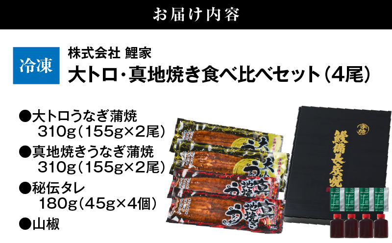 1703-2 大人気！鯉家の極上蒲焼「大トロ・真地焼き食べ比べセット（4尾）」各155g【国産・手焼き備長炭】　KN040-014-02