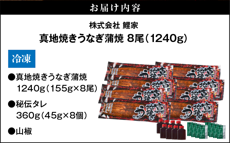1712-1 大人気！鯉家の絶品蒲焼「真地焼きうなぎ蒲焼（8尾）」【国産・手焼き備長炭】　KN040-008