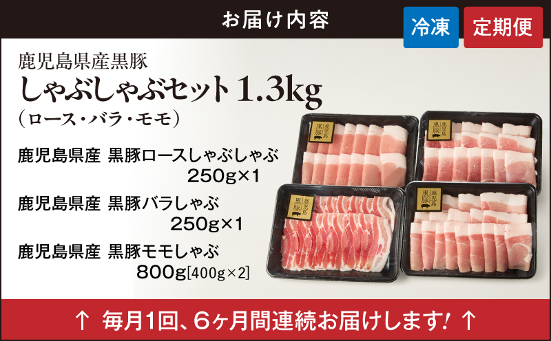1912-1 【6ヶ月定期便】鹿児島県産黒豚 しゃぶしゃぶセット（ロース・バラ・モモ）1.3kg　KN054-T03