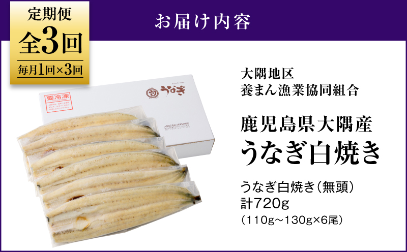 2081-1 鹿児島県大隅産うなぎ 白焼6尾 計720g【3ヶ月定期】　KN007-T03