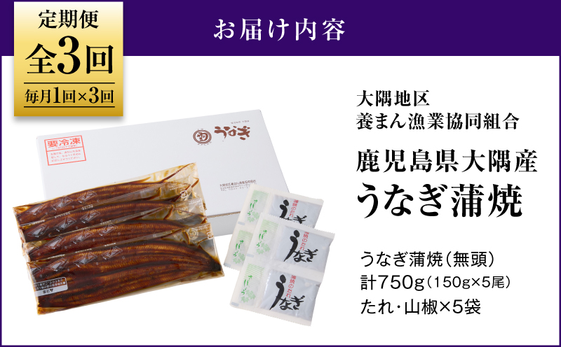 2082-1 鹿児島県大隅産うなぎ蒲焼5尾（750g） 【3ヶ月定期】　KN007-T04