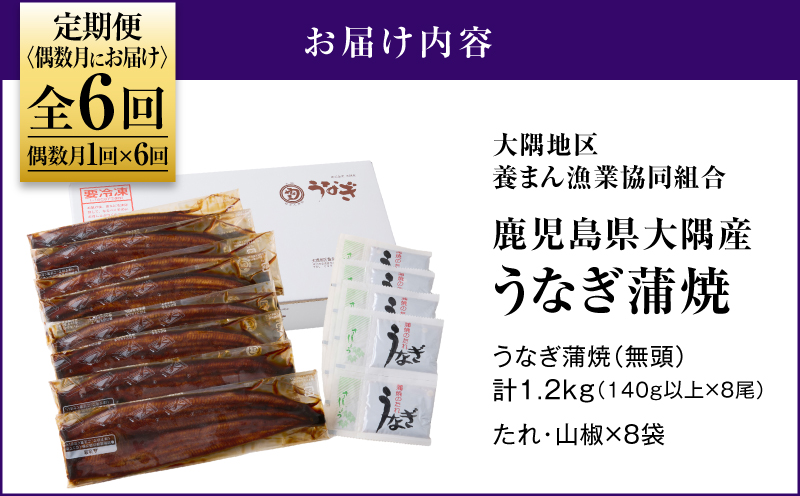 2083-1 鹿児島県大隅産うなぎ蒲焼8尾（1.2kg）【6ヶ月定期】　KN007-T05