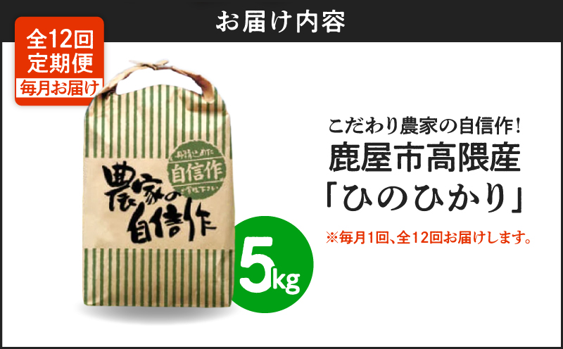 2294-2 【定期12回】こだわり農家の自信作！鹿屋市高隈産「ひのひかり」 計60kg　KN069-T05