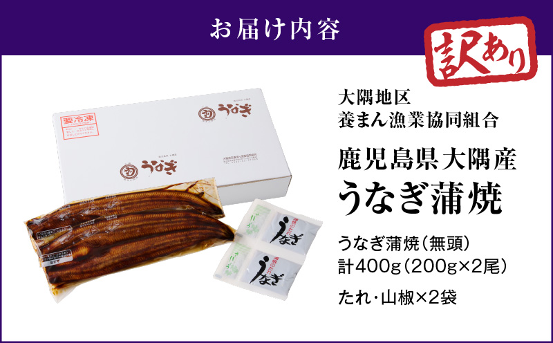 2332 【訳あり】鹿児島県大隅産うなぎ蒲焼2尾セット（計400g）　KN007-002-01