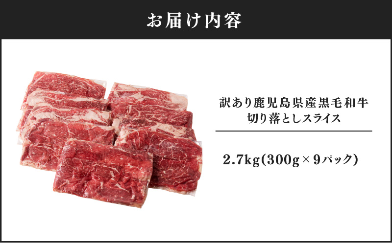 2437 訳あり 鹿児島県産黒毛和牛切り落とし 2.7kg（300g×9パック）スライス　KN041-002-03