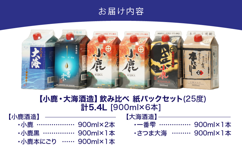 【超特急便】2455 【鹿児島県大隅焼酎】900ml×6本 飲み比べ 紙パックセット 小鹿・大海酒造　KN043-004-01