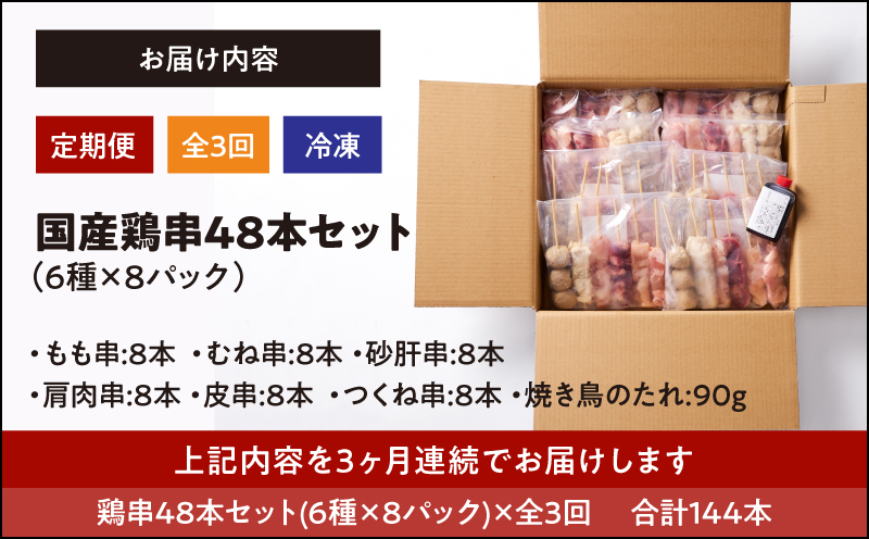 2459 【毎月定期】国産 鶏串48本セット（6種×8パック）全3回　KN077-T01