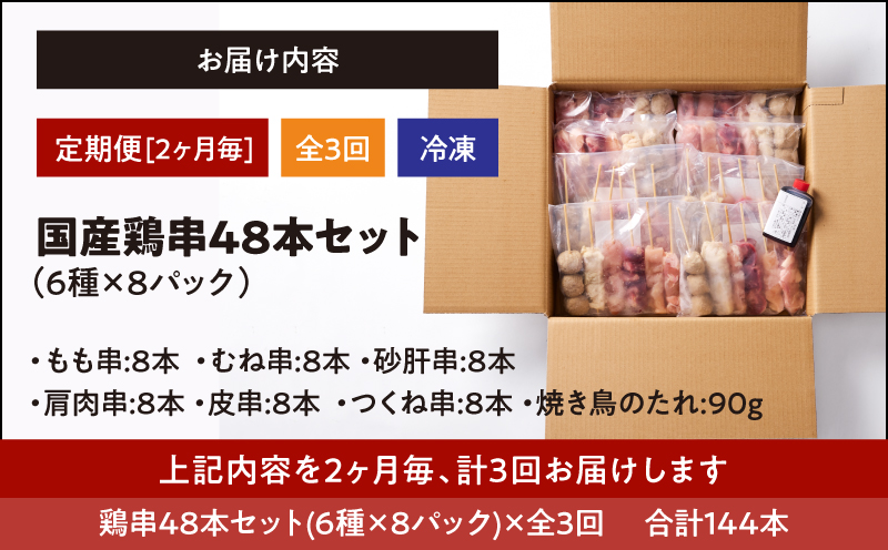 2460 【2ヶ月毎定期】国産 鶏串48本セット（6種×8パック）全3回　KN077-T02