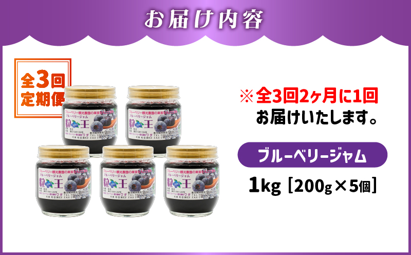 2468-1 【全3回定期便】（2ヶ月に1回お届け）粒王 ブルーベリージャム 200g×5個　KN030-T02