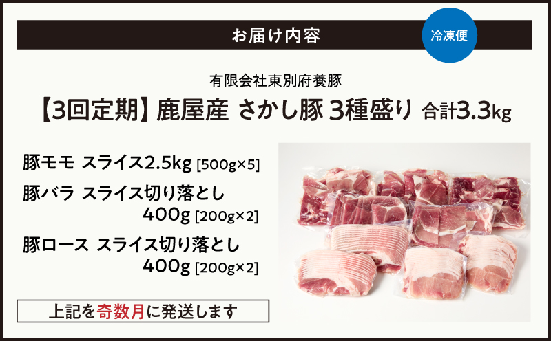 2478 【全3回定期便/奇数月配送】鹿屋産 さかし豚 3種盛り 3.3kg　KN079-T04