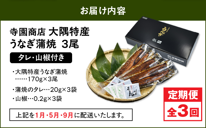 2482 【定期3回】大隅特産うなぎ蒲焼3尾（510g）【国産】　KN060-T06