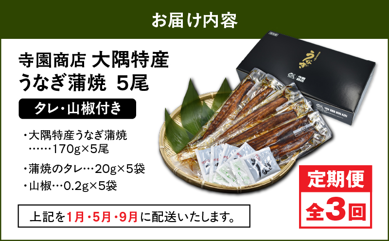 2488 【定期3回】大隅特産うなぎ蒲焼5尾（850g）【国産】　KN060-T12