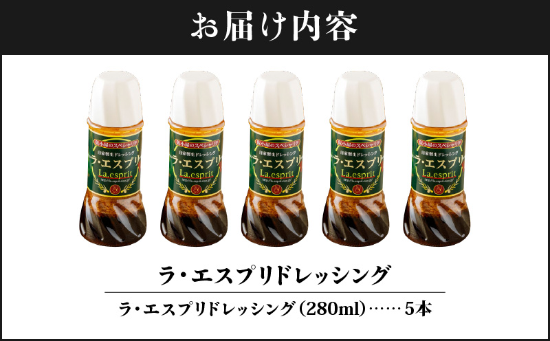 ドレッシング 和風 ラ・エスプリドレッシング280ml×5本 口コミで広まった自家製ドレッシング！ 玉ねぎ たかの爪 椎茸 和風ドレッシング たれ 調味料 サラダ カルパッチョ【財宝】　KN021-033-02